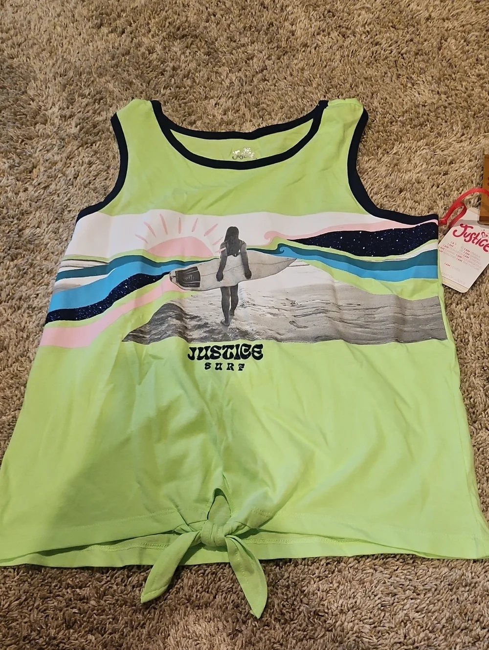 Justice Lime Surf Graphic Tank Top with Front Tie
